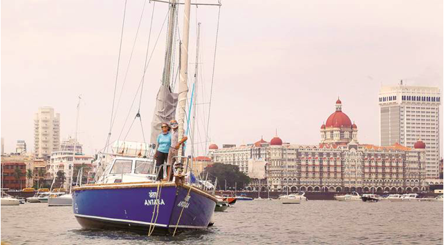 Dilip and Sucheta on Antara at Gateway of India for India's first solo circumnavigator Dilip Donde